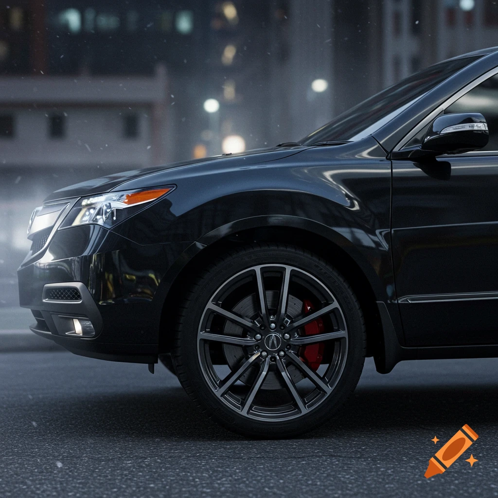 Close-up of a black Acura MDX SUV on a city street at night, featuring dark multi-spoke wheels with red brake calipers.