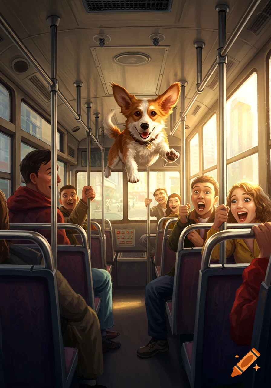 A happy corgi dog flies through a bus while passengers look on with surprise and delight in a vibrant illustration.