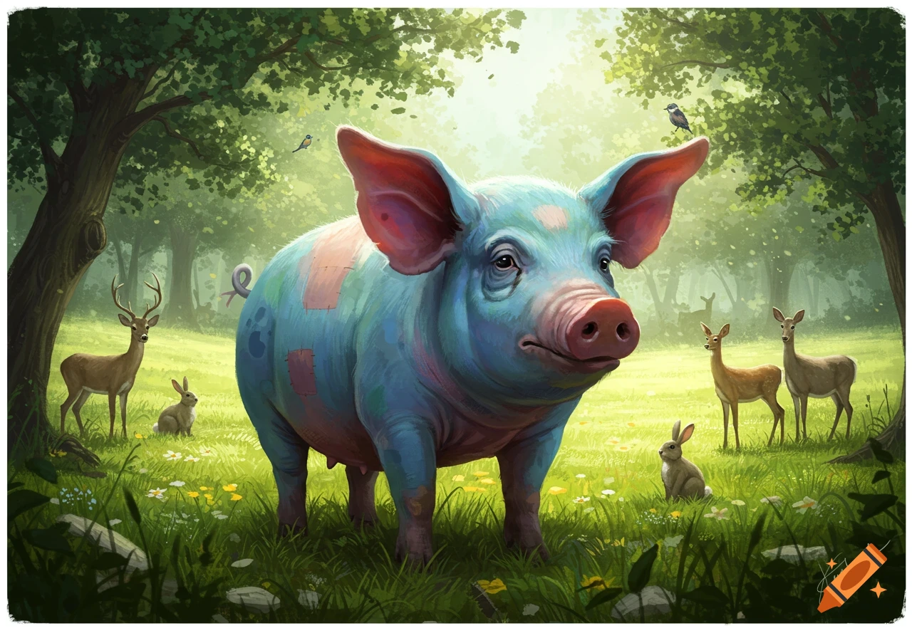 A blue and green pig with pink patches and prominent ears stands in a lush forest clearing with deer, rabbits, and birds.