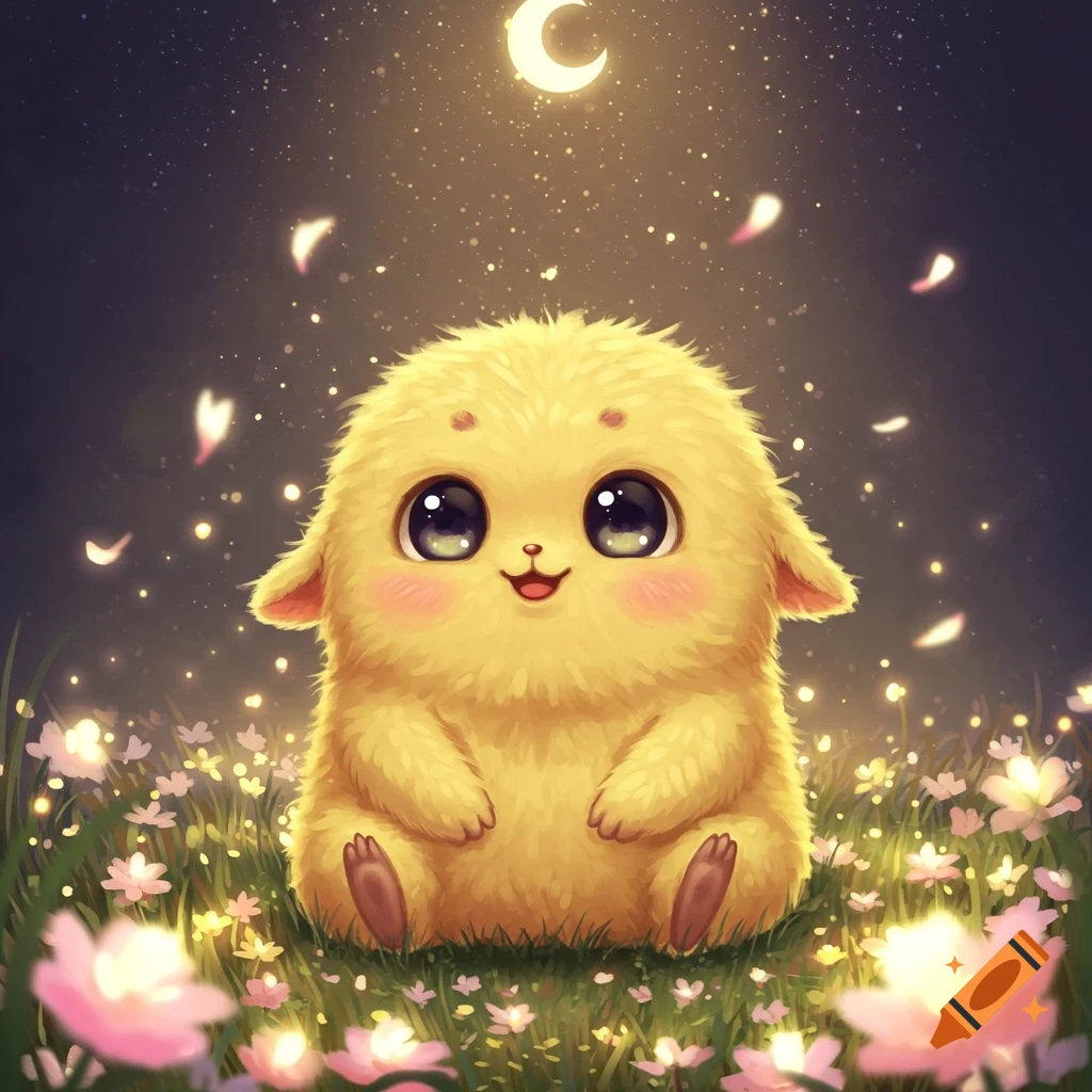 A cute, fluffy yellow creature with big eyes sits among glowing pink flowers under a crescent moon at night.