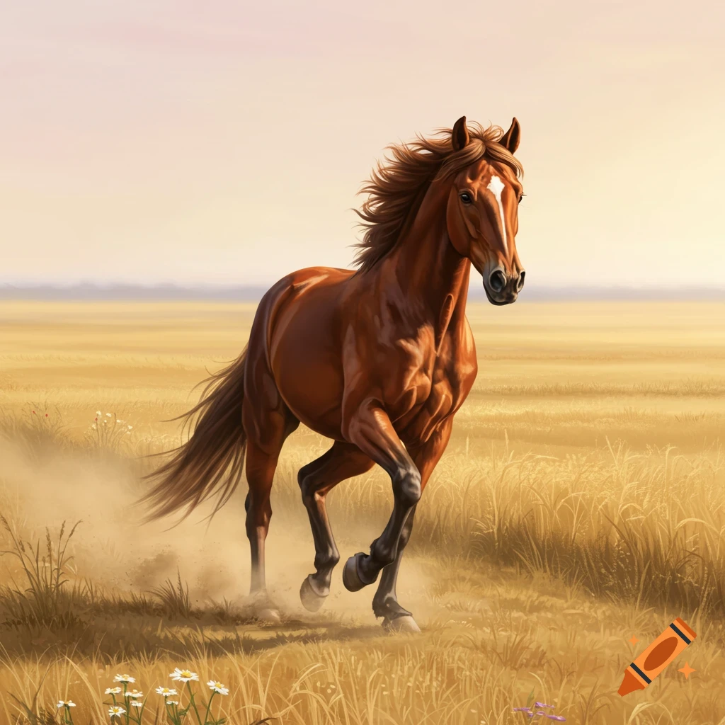 A majestic brown horse with a flowing mane gallops through a sunlit golden field, kicking up dust in a realistic illustration.