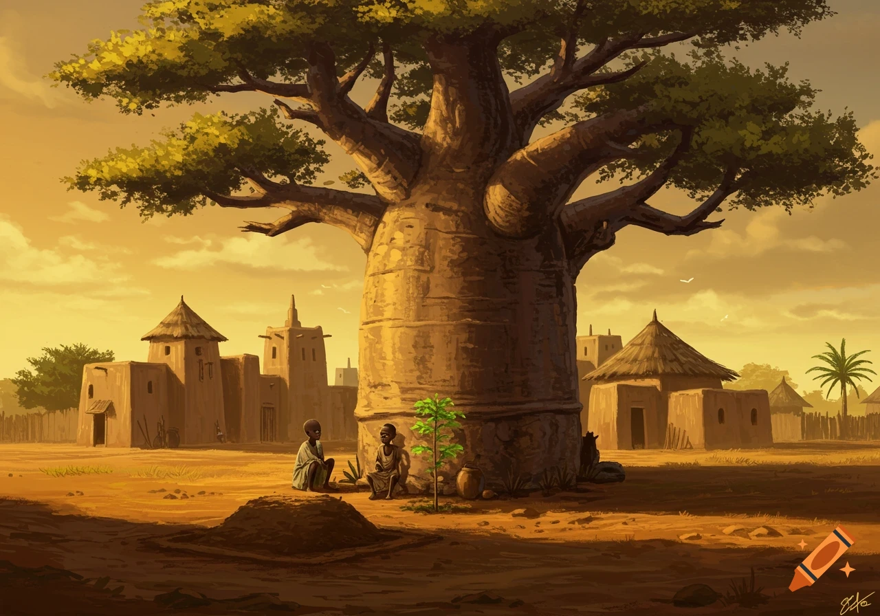 Digital illustration of a large baobab tree towering over an African village with two children and huts at sunset.