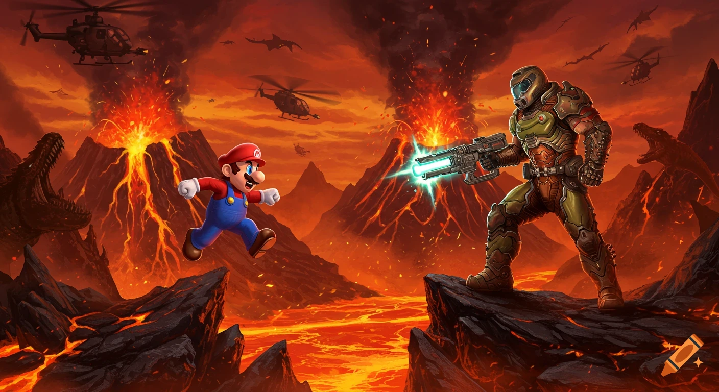 Mario and Doom Slayer in a volcanic landscape with lava, flying helicopters, and dinosaurs. Stylized digital art.