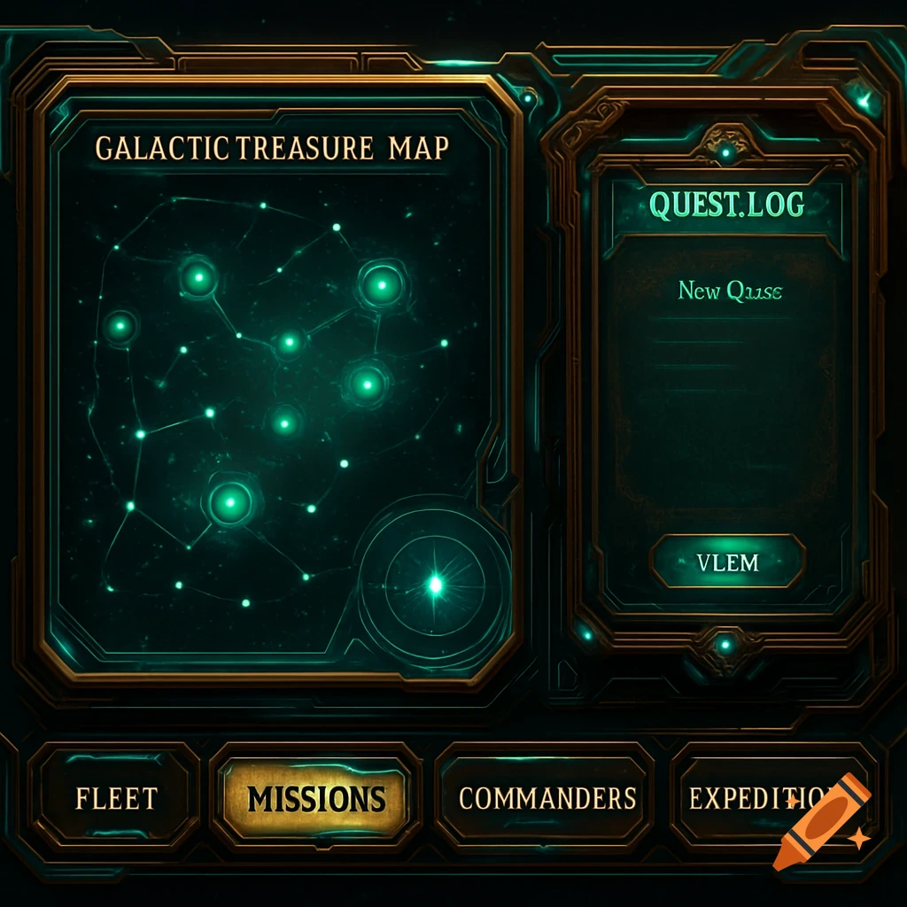 A futuristic space game UI with a galactic treasure map, quest log, and navigation buttons in emerald green, gold, and deep bronze.