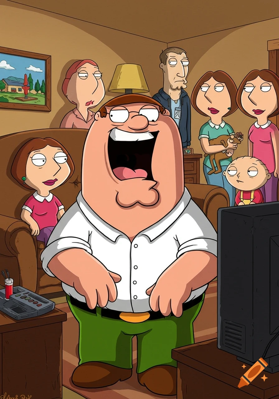 Peter Griffin laughs joyfully, surrounded by his family in their living room, in a vibrant cartoon style.