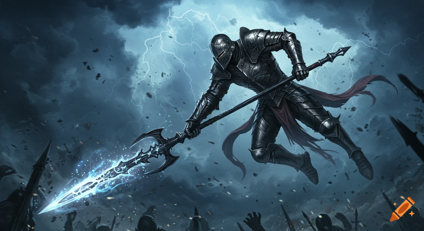 Heavily armored knight with a glowing lance leaps through a lightning storm, attacking downwards in a fantasy battle scene.