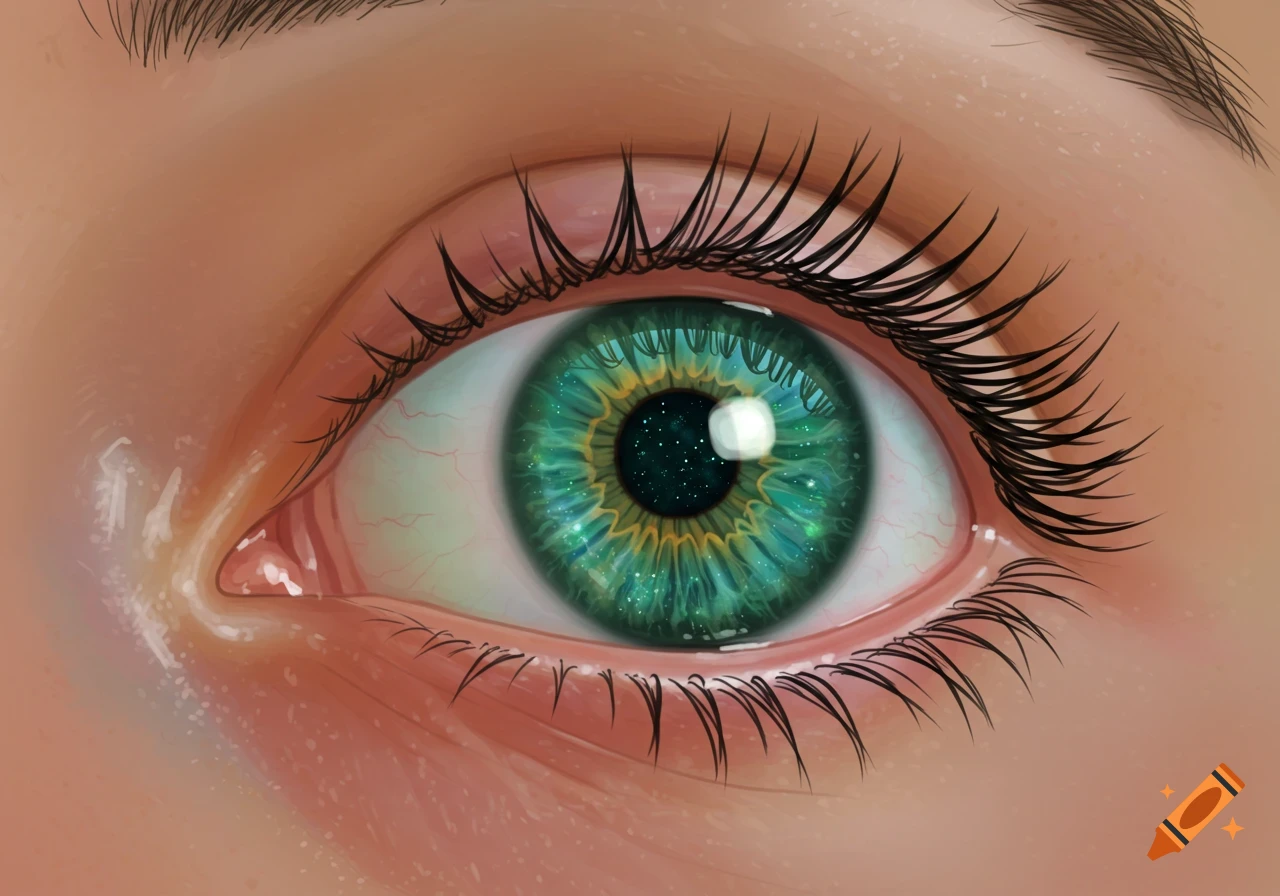 Close-up digital illustration of a green eye with a starry galaxy pupil and long dark eyelashes.