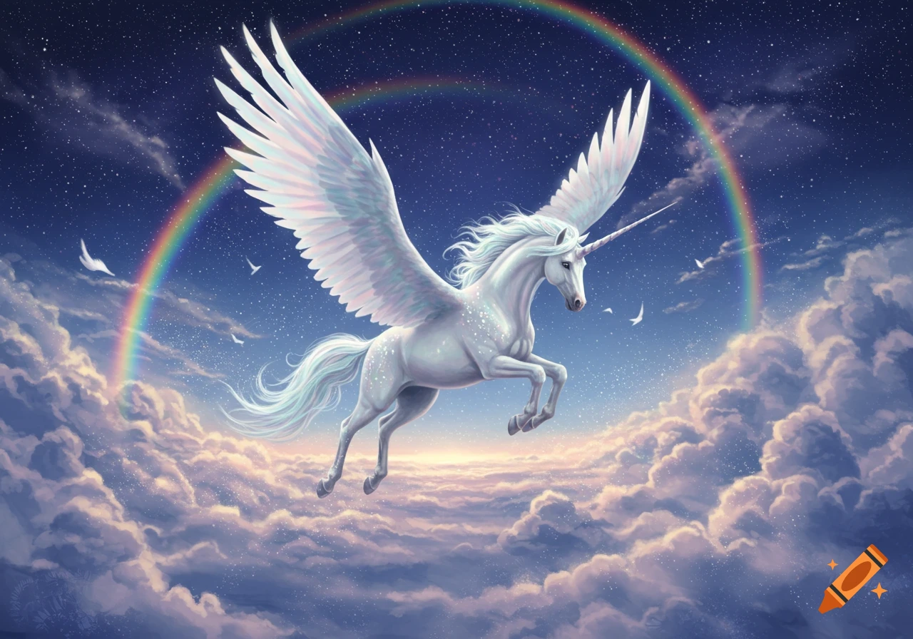 A majestic white winged unicorn flies through a starry night sky above clouds, with a vibrant rainbow arching behind it.