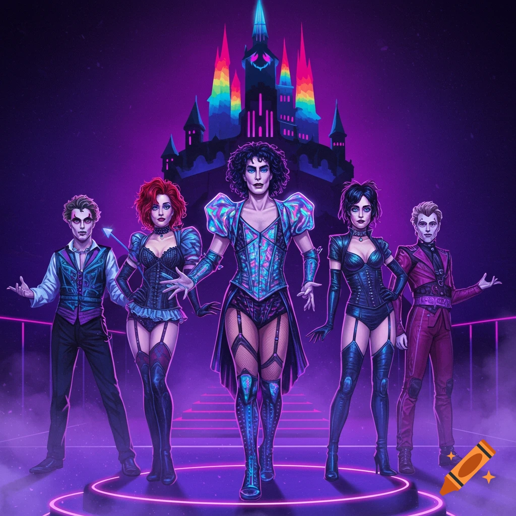 Five characters in futuristic gothic attire on a neon-lit stage before a rainbow castle, stylized illustration.