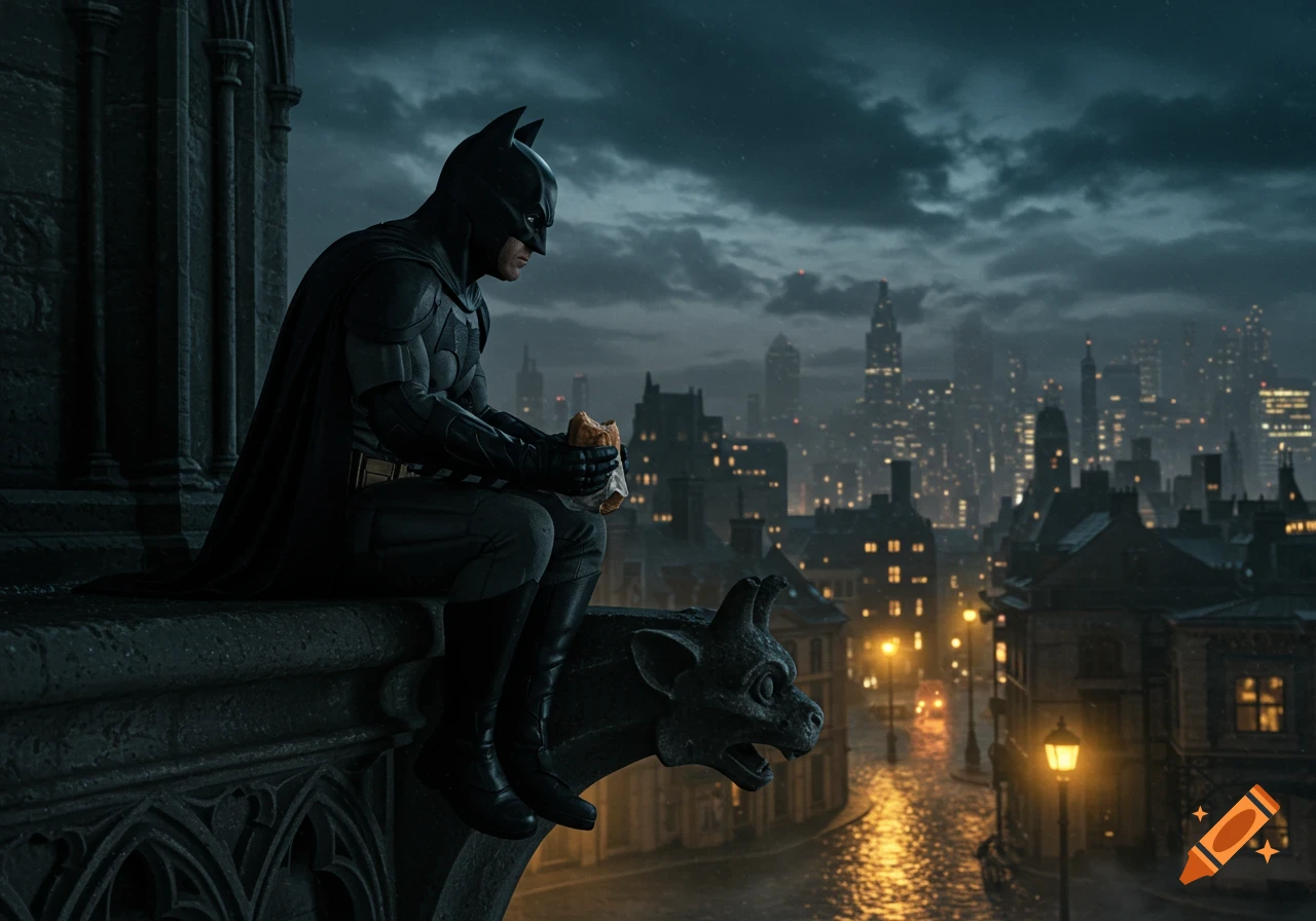 Batman sits on a gothic gargoyle, eating a sandwich, overlooking a rainy, photorealistic city at night.