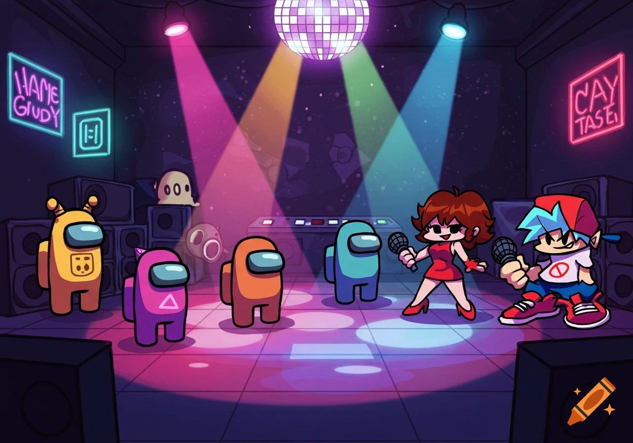 Cartoon characters from Among Us and Friday Night Funkin' sing on a disco stage with colorful lights and a disco ball.