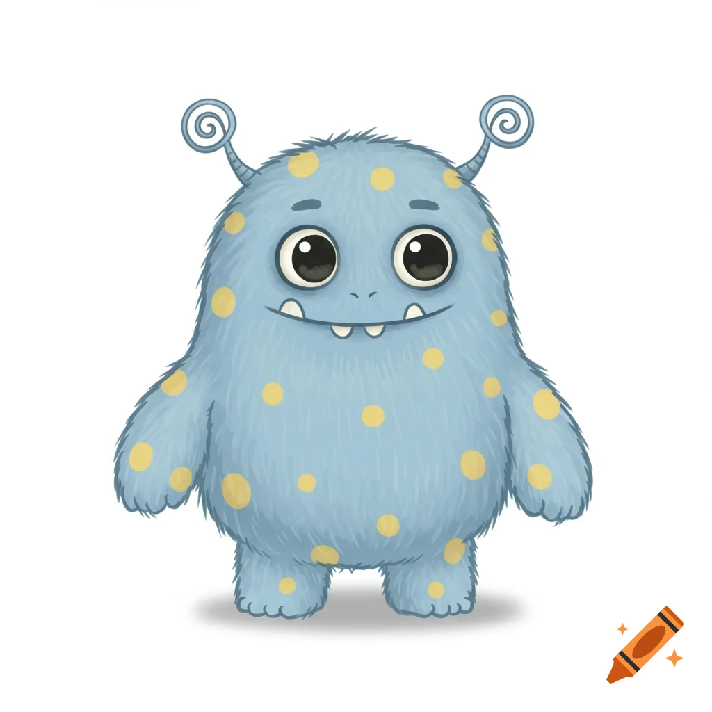 A cute blue furry monster with yellow polka dots, large eyes, a wide smile, and spiraled antennae.