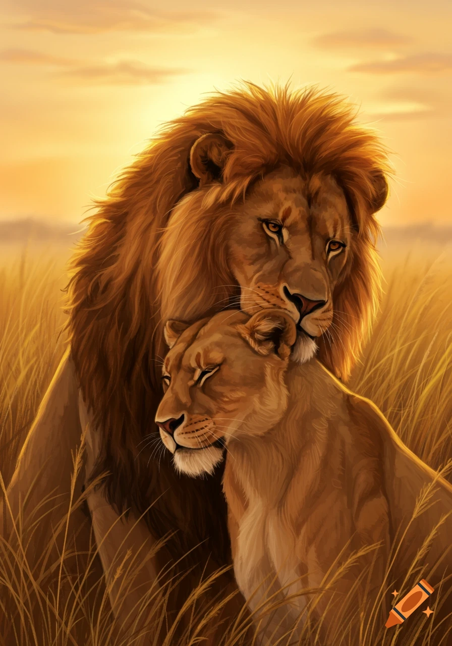 A digital painting of a male lion and a lioness embracing in a golden savanna at sunset.