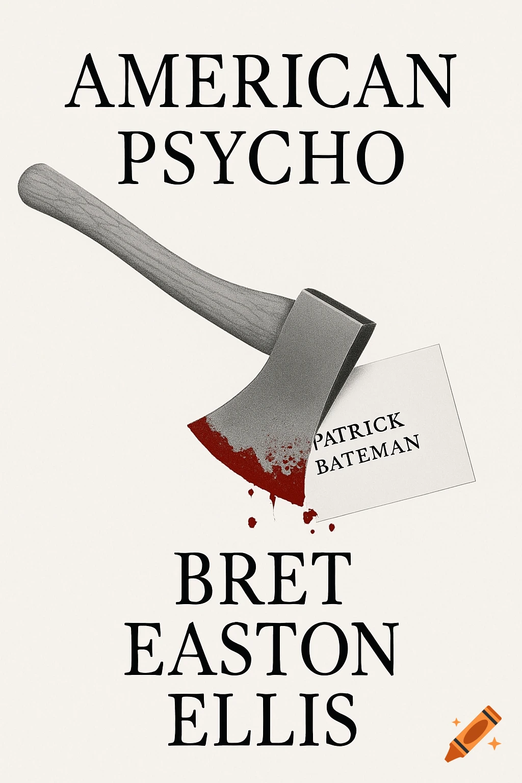 Minimalist book cover for 'American Psycho' with a bloody axe over a business card, featuring 'Patrick Bateman' and 'Bret Easton Ellis'.