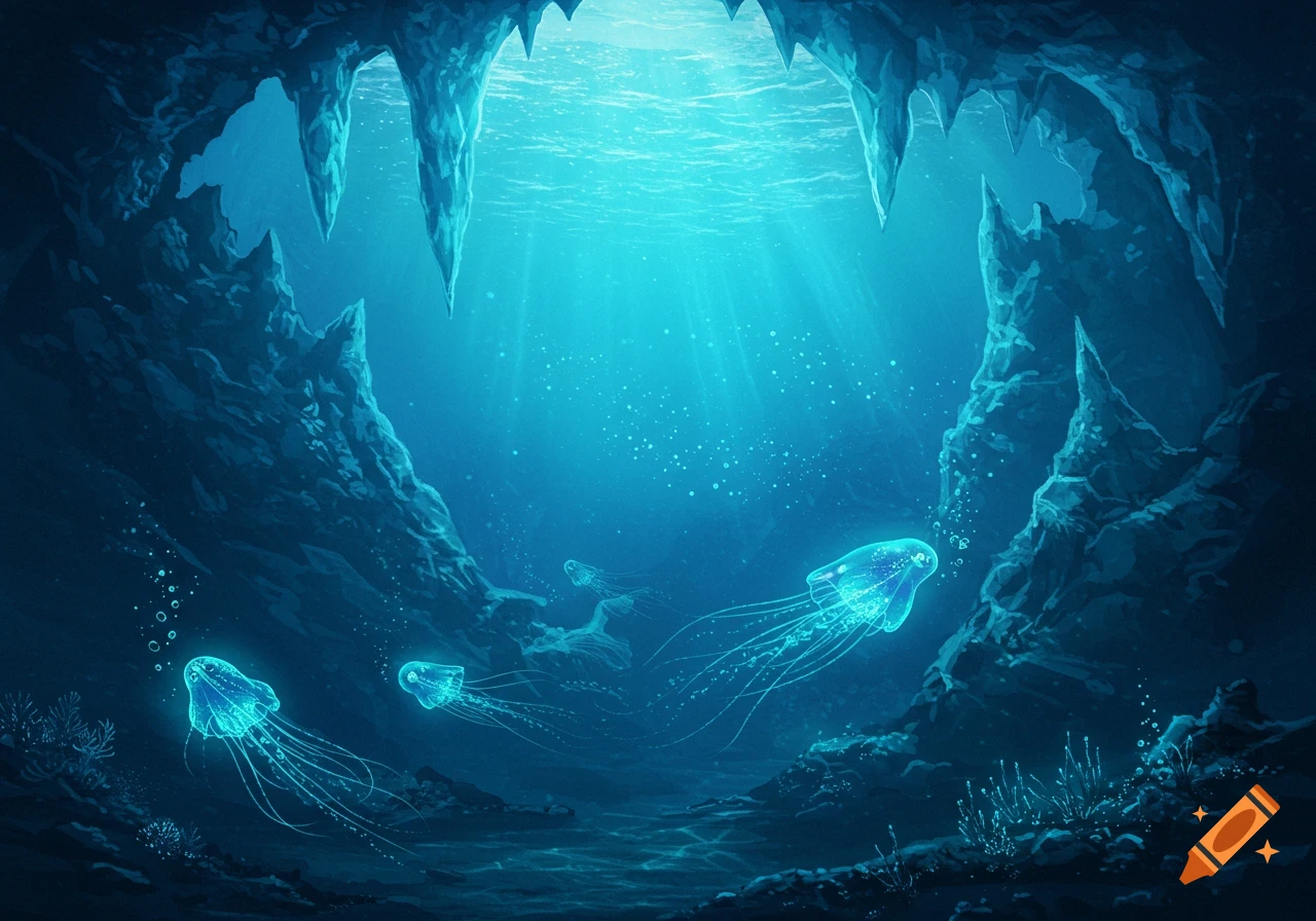 Ethereal glowing jellyfish swim in a vast, dark underwater cave with light rays filtering from the surface, sci-fi art style.
