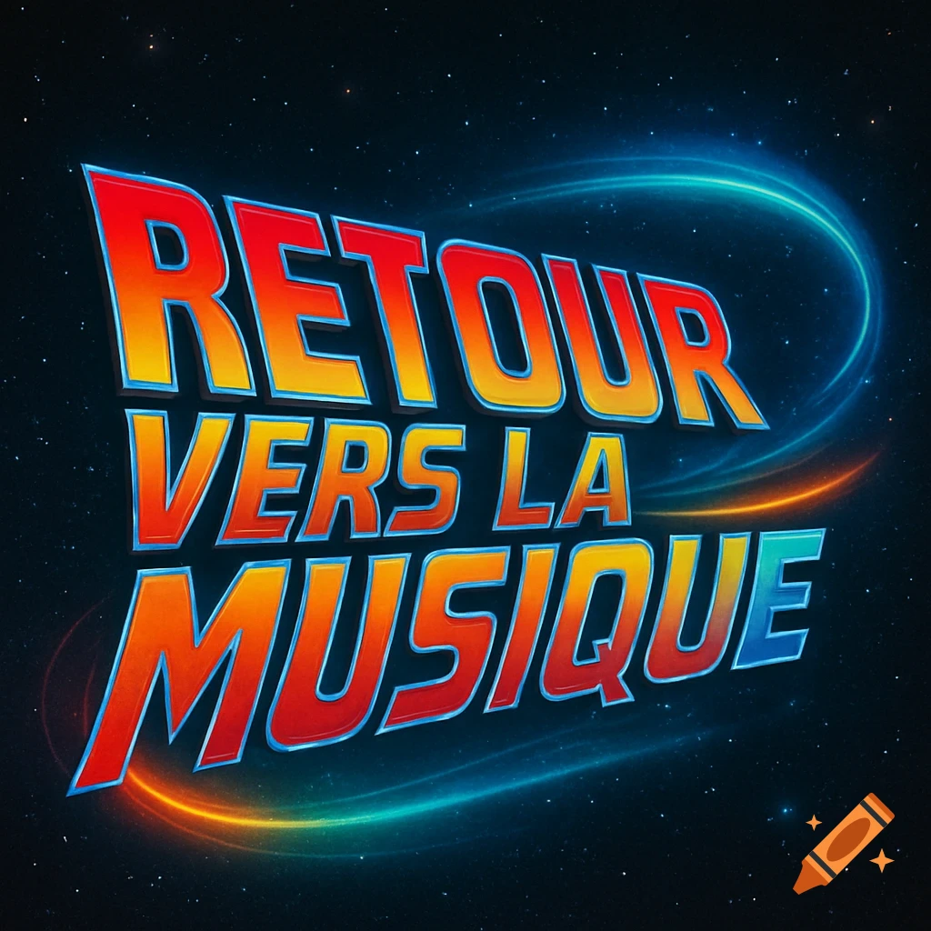 Stylized text 'RETOUR VERS LA MUSIQUE' in red-orange gradient with blue outlines, set against a dark starry space background with blue and orange light trails.
