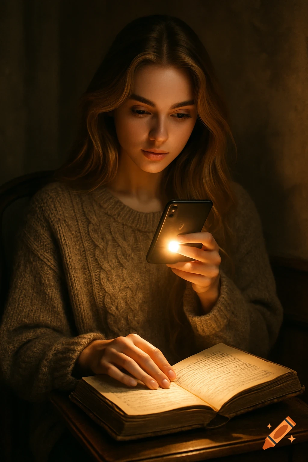 A young woman in a cozy sweater lights an open book with her smartphone's flashlight in a dim room.