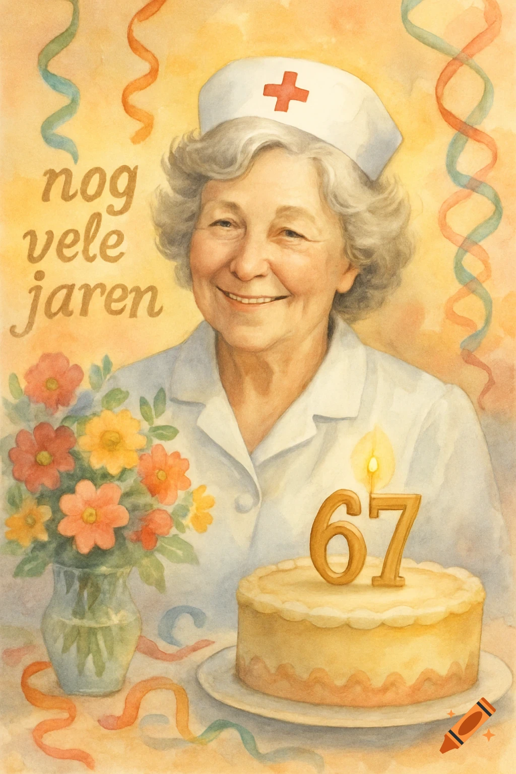 Watercolor illustration of a smiling elderly nurse in a white cap, celebrating her 67th birthday with a cake, flowers, and streamers. Text says 'nog vele jaren'.