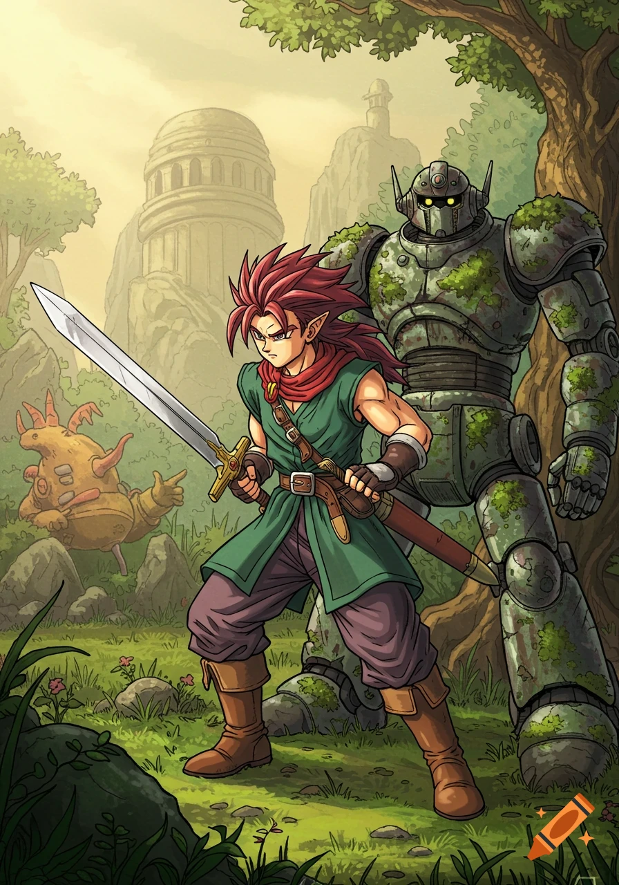 A red-haired anime warrior with a sword stands next to a moss-covered robot in a fantasy landscape with ancient ruins, in Akira Toriyama style.