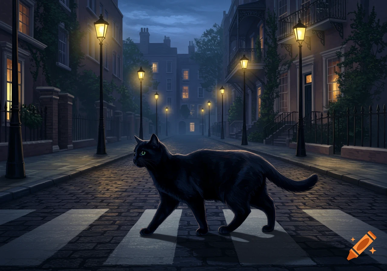 A black cat with green eyes walks across a crosswalk on a cobbled street at night, illuminated by streetlights and building windows.