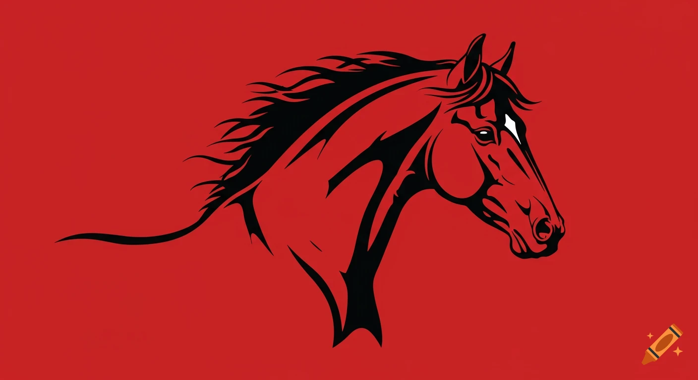 A stylized black horse head in profile against a solid red background.