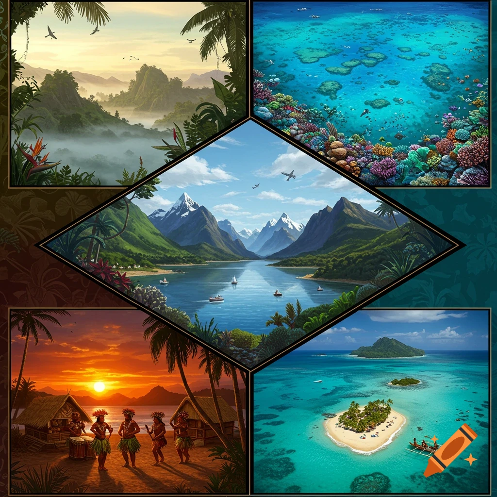 A vibrant collage of five Oceania scenes: misty jungle, colorful coral reef, mountain lake, sunset beach with dancers, and a tropical island.