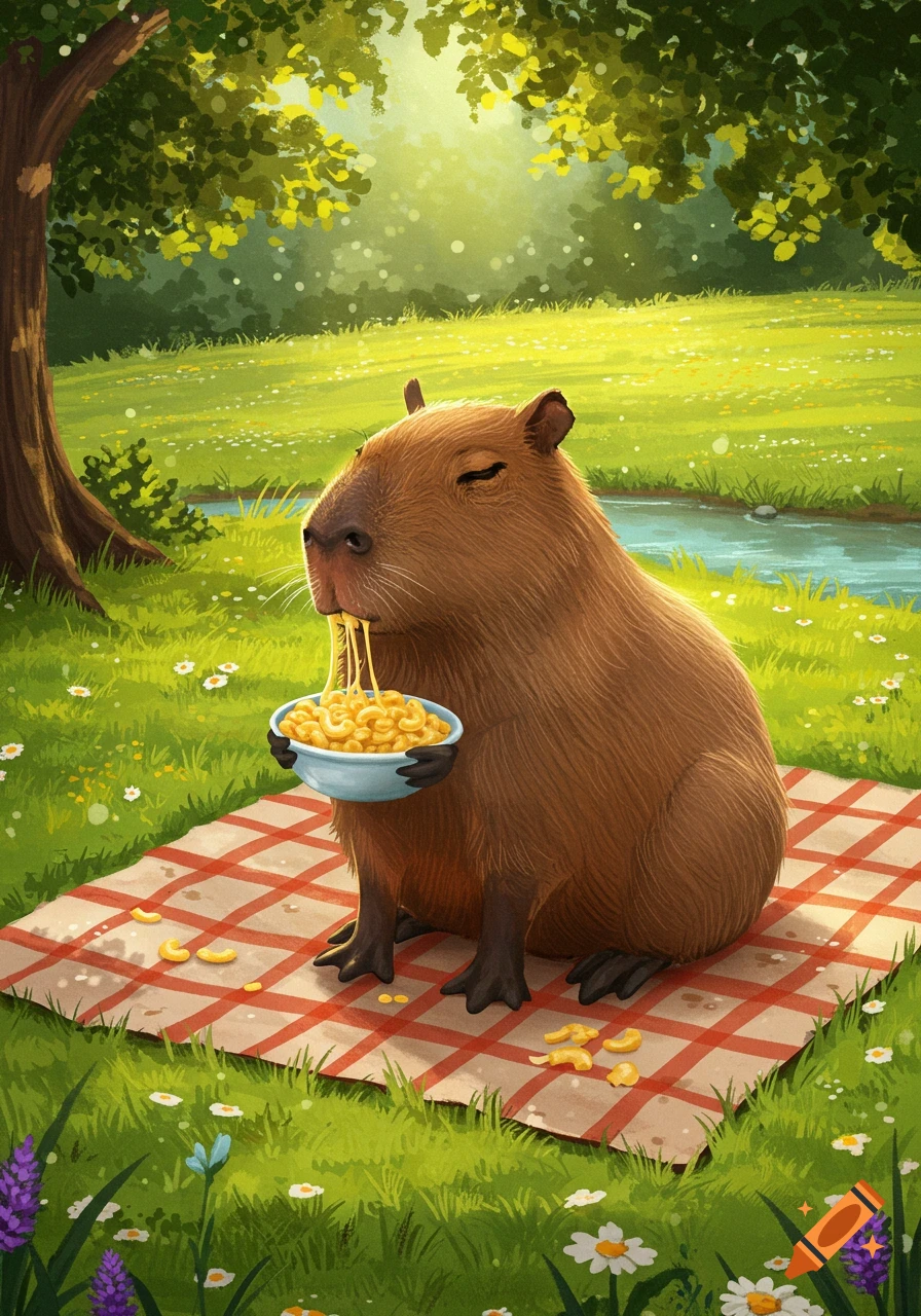 An illustrated capybara happily eats mac and cheese from a blue bowl while sitting on a red and white picnic blanket in a sunny park.