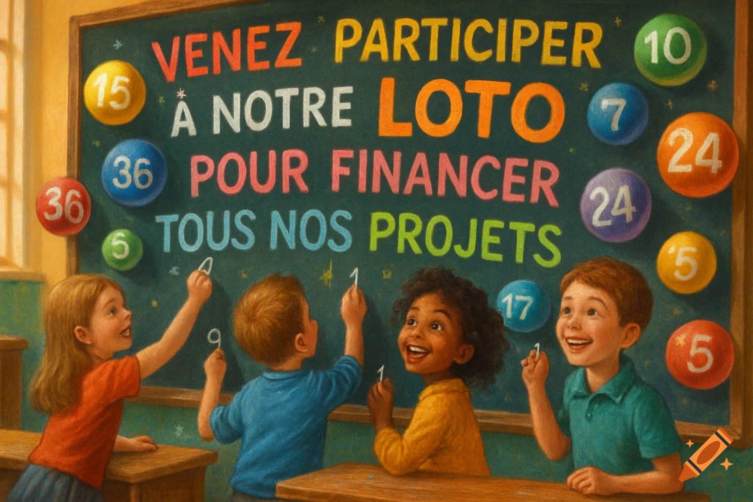 Four smiling children writing in a classroom on a blackboard with colorful lottery balls, promoting a fundraiser. Illustrated style.