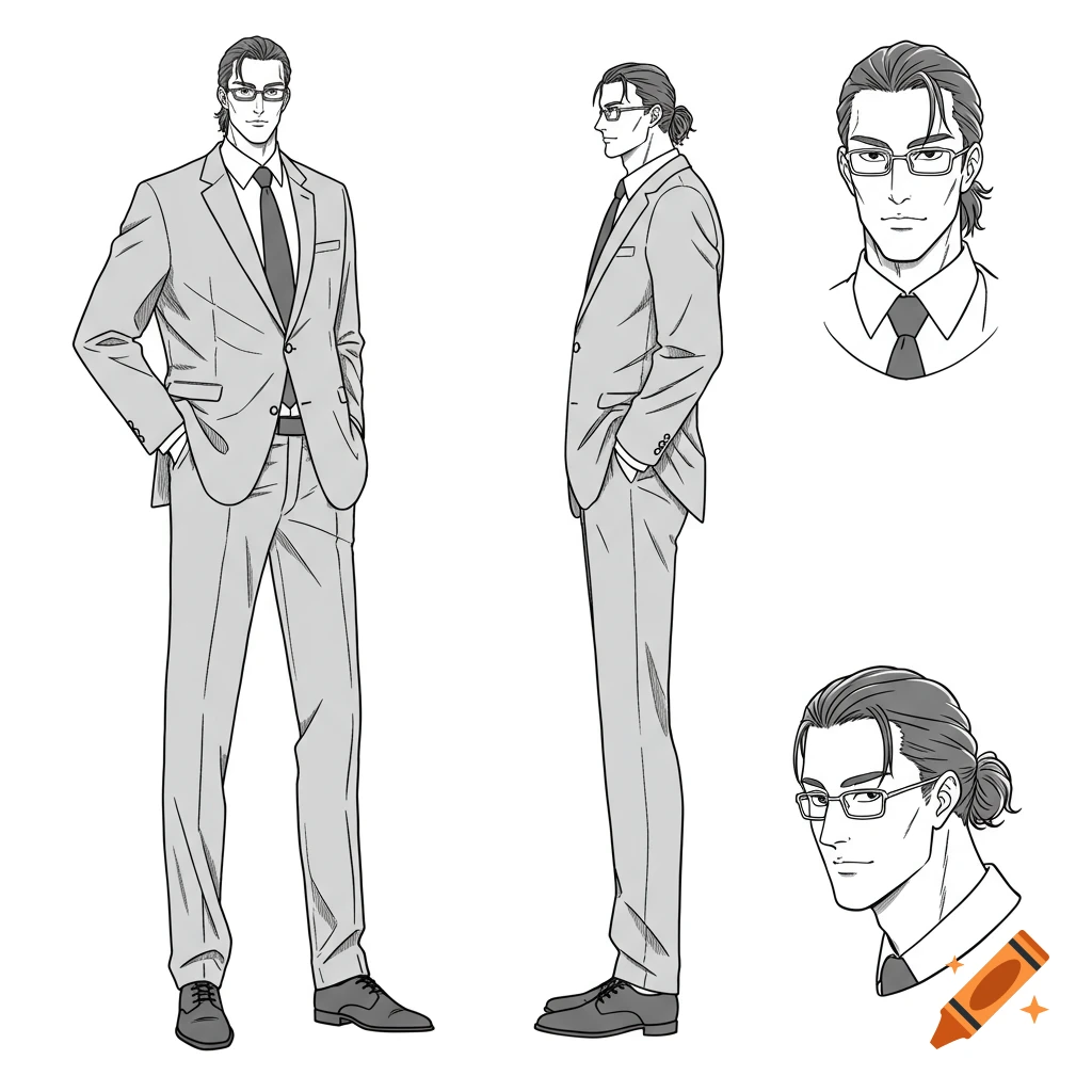 Monochrome anime character sheet of a man in a suit, with front, side, and two head views. Clean line-art style.