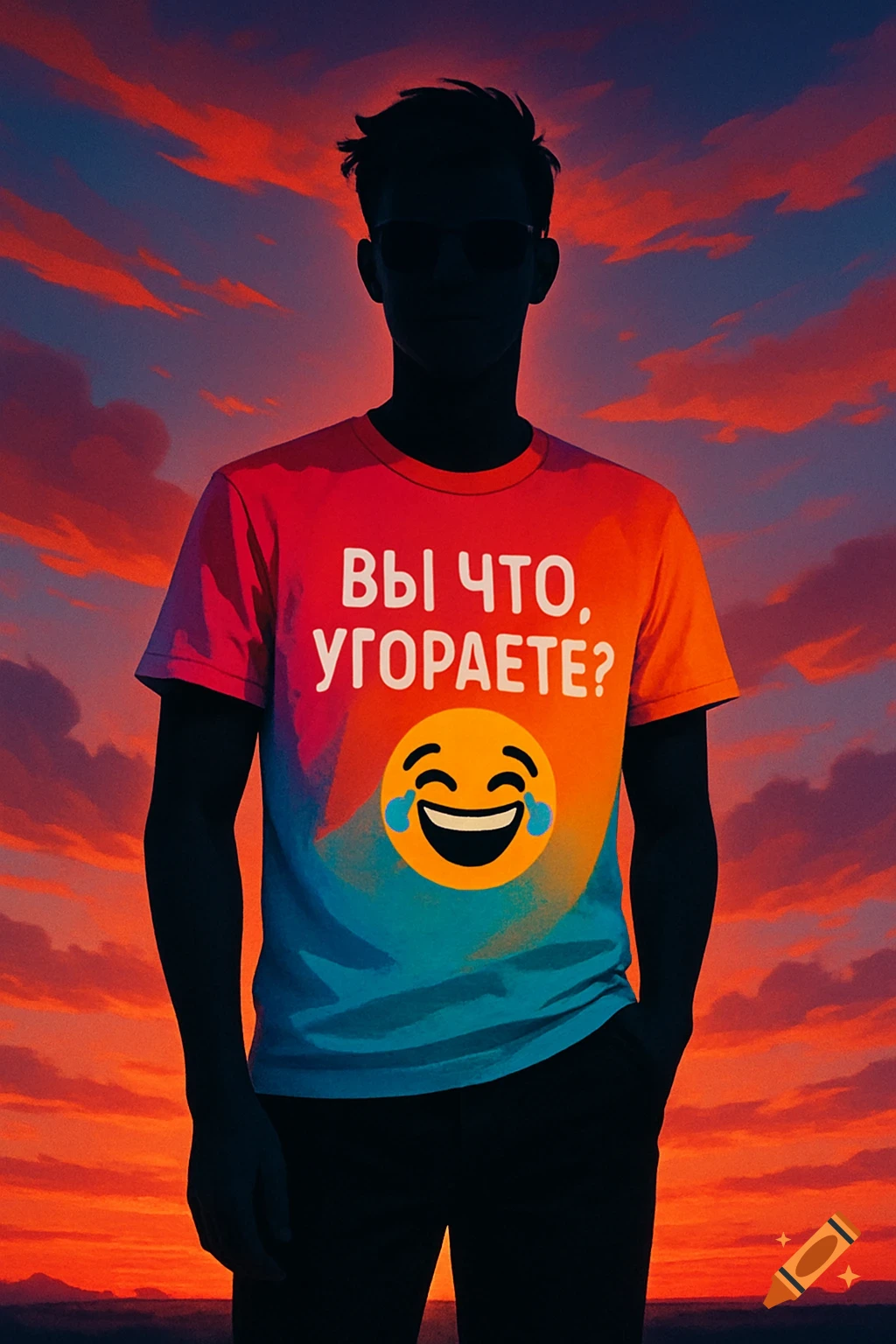 Silhouette of a person wearing a colorful t-shirt with Russian text and a laughing emoji, standing against a vibrant red and orange sunset sky.