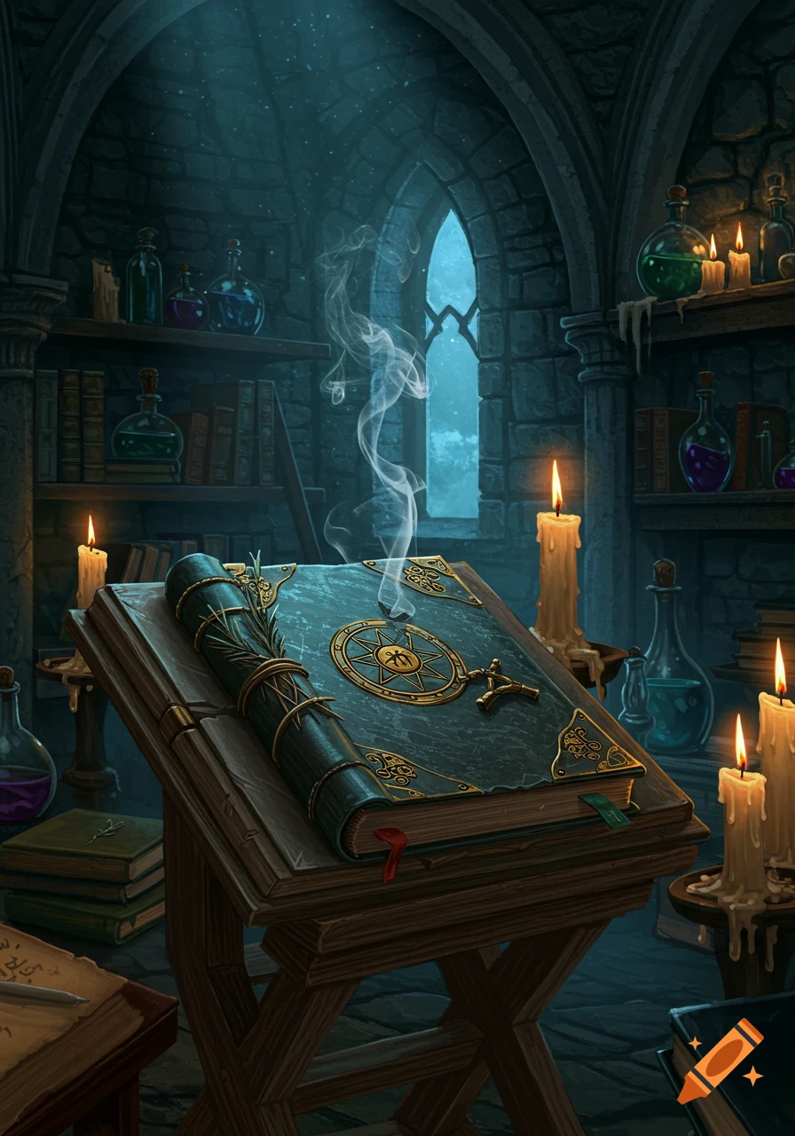 An ornate spellbook on a wooden stand in a dim, stone wizard's study, lit by candles with smoke rising, potion bottles on shelves.