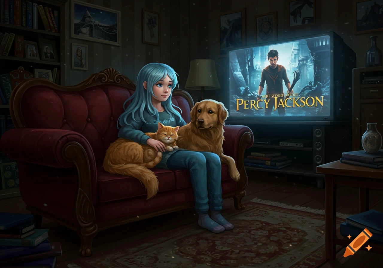 A light blue-haired girl sits on a dark red couch with an orange cat and golden retriever, watching 'Percy Jackson' on TV in a dimly lit room, illustration style.