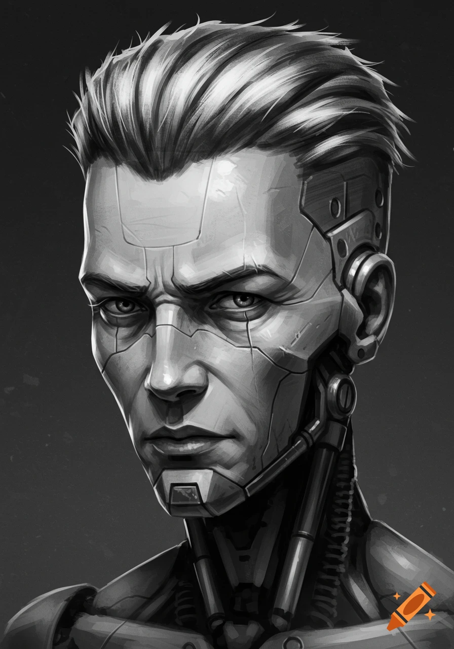 Grayscale portrait of a stern-looking cyborg man with angular features, a serious expression, and a brush cut haircut.
