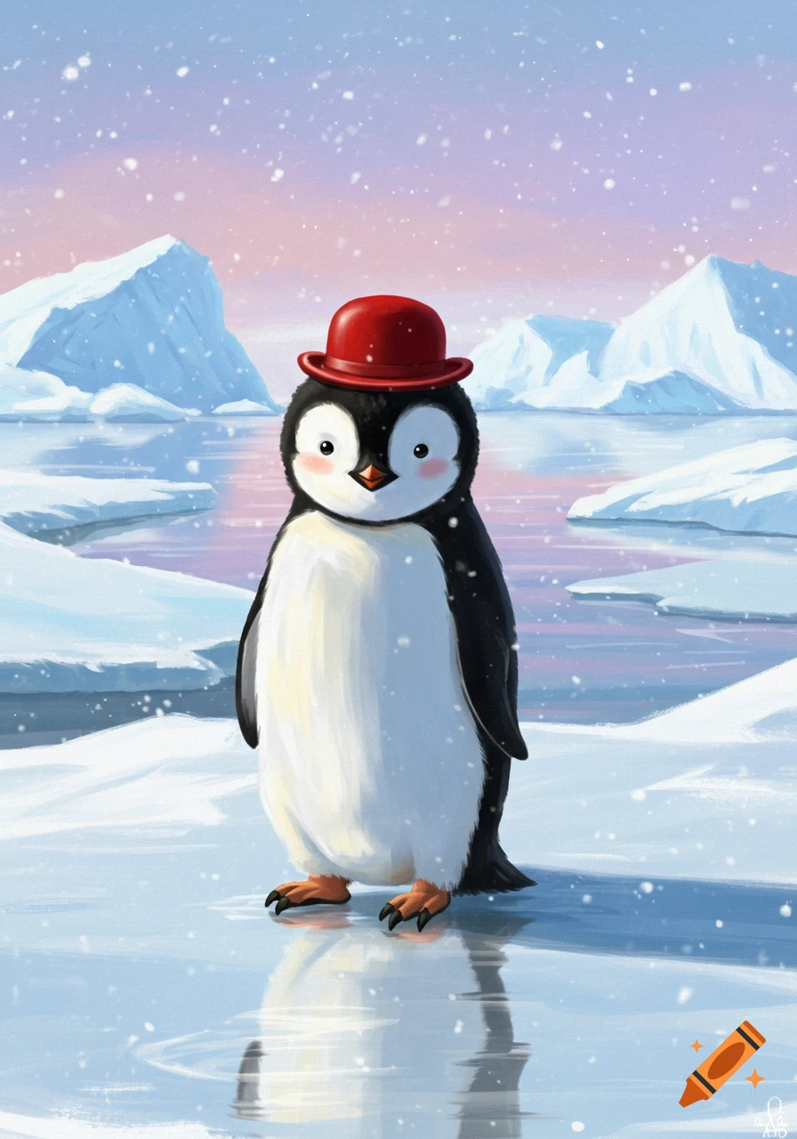 A cute, stylized penguin wearing a red bowler hat stands on ice in a snowy, arctic landscape.