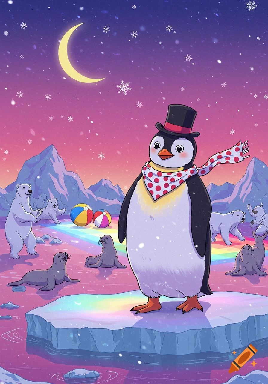 A cartoon penguin in a top hat and scarf stands on an iceberg in a snowy, colorful landscape with polar bears, seals, and beach balls.