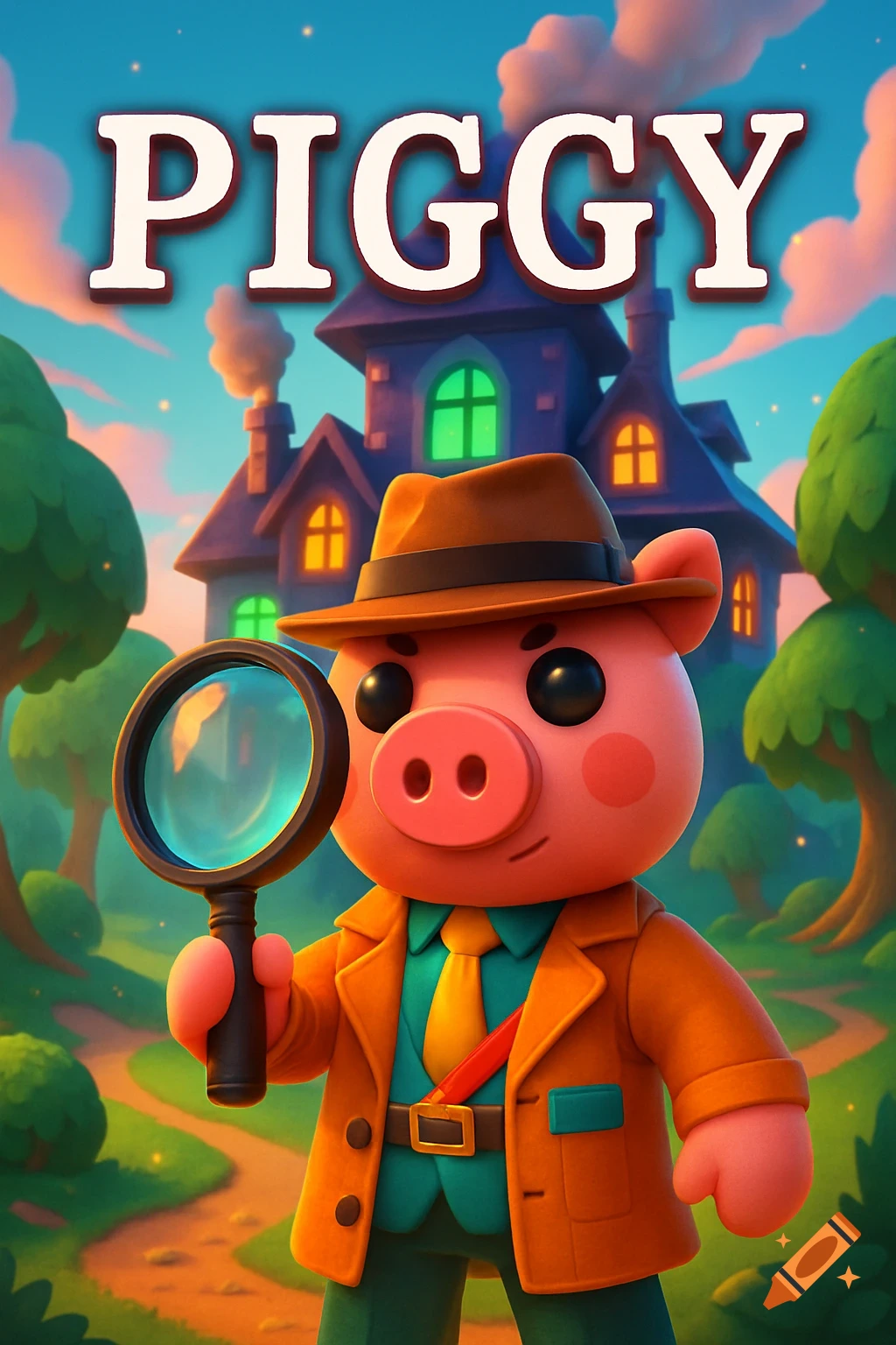 A stylized cartoon pig detective in a fedora and trench coat holds a magnifying glass in front of a whimsical house with the text "PIGGY" above.