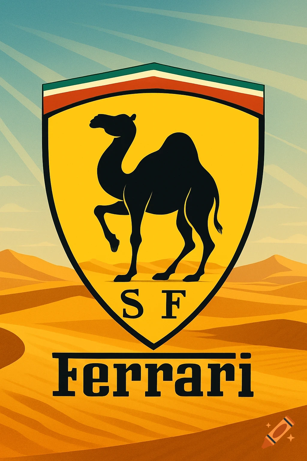 Stylized Ferrari logo with a black camel in a yellow shield, Italian flag colors at the top, over a desert landscape with 'SF' and 'Ferrari' text.