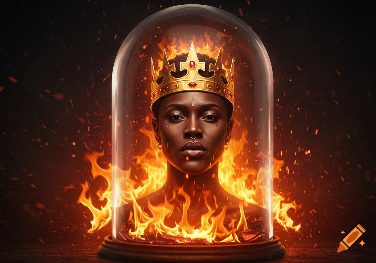 Dramatic photorealistic portrait of a queen in a golden crown, encased in a glass cloche, engulfed in vibrant flames and sparks.