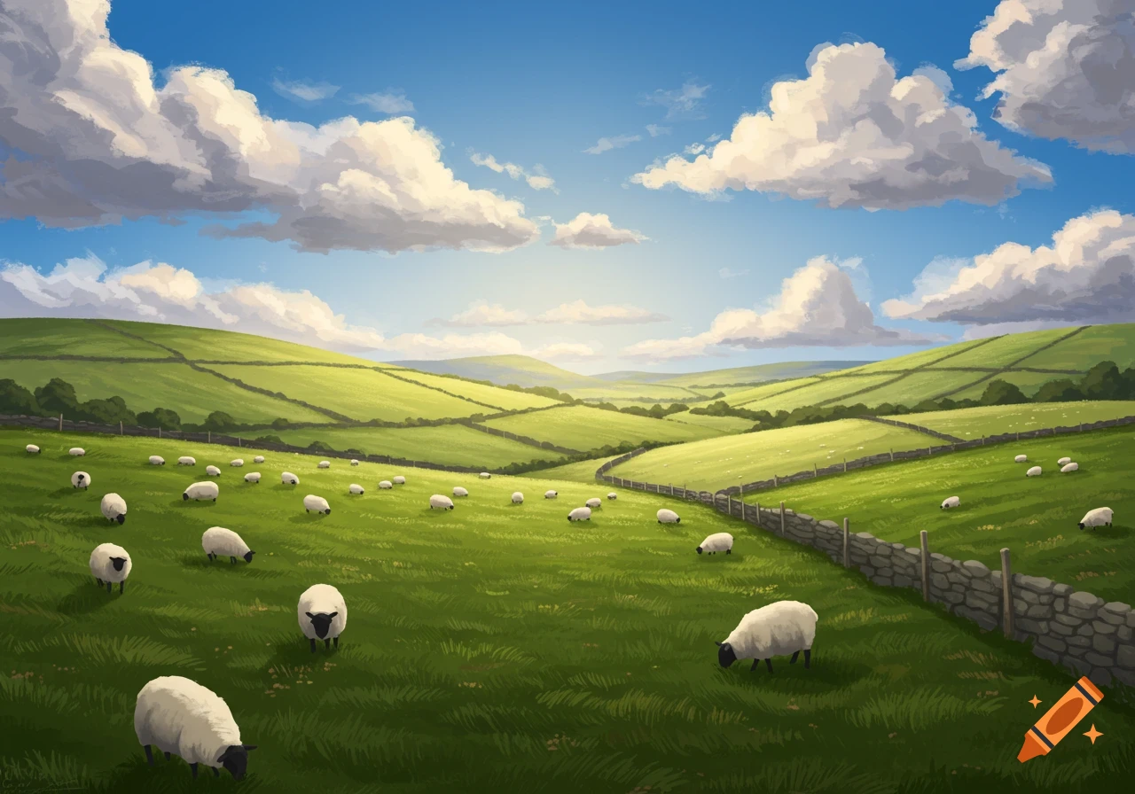 Vibrant illustration of white sheep with black faces grazing on rolling green hills under a bright blue sky with white clouds and stone walls.