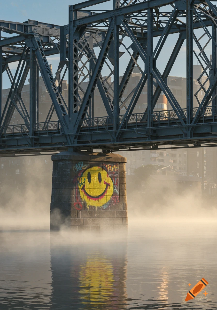 A metal bridge spans misty water, with a yellow graffiti smiley face on a concrete pillar reflecting in the water. Buildings are visible in the background.