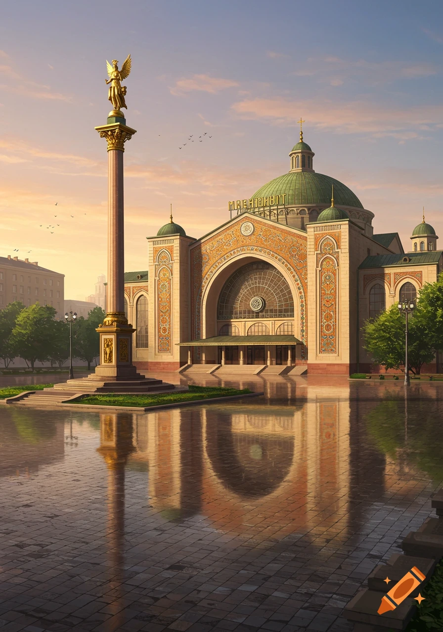 Majestic neo-Byzantine railway station with a green dome and a golden angel victory column on a wet city square at sunrise.