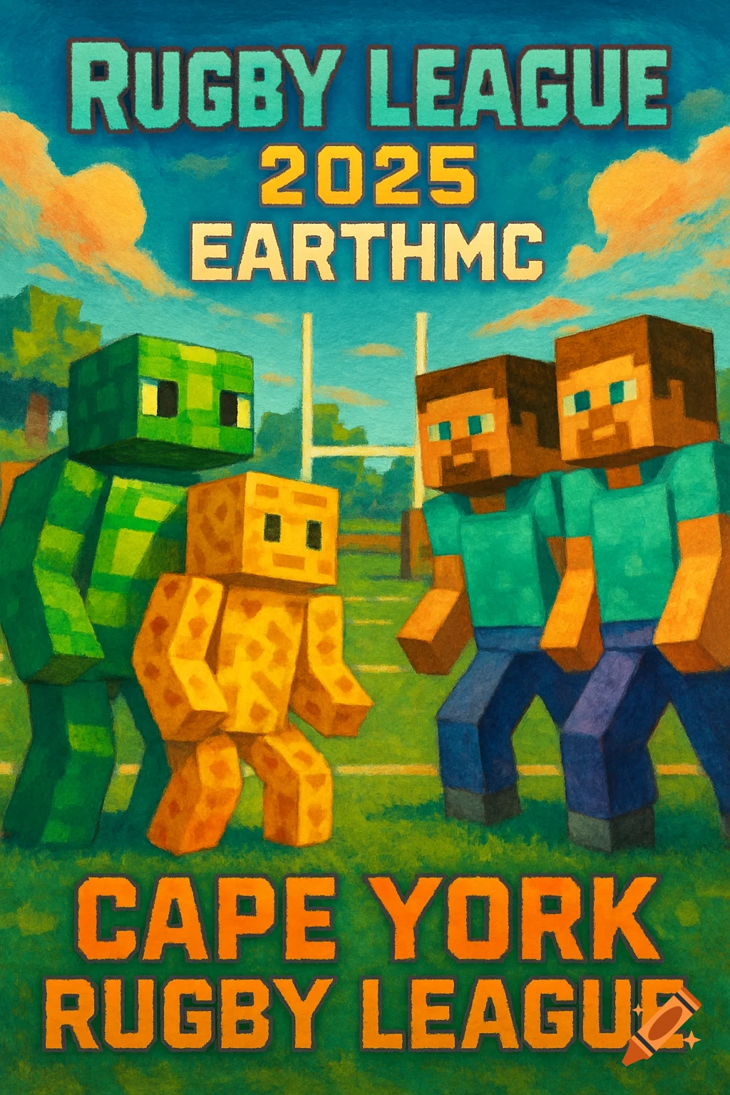 Minecraft-themed rugby poster showing blocky characters on a field with goalposts and text 'Rugby League 2025 EarthMC' and 'Cape York Rugby League'.