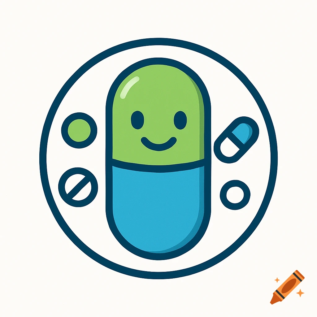 A cartoon logo features a happy green and blue pill, surrounded by various stylized pills and a crossed-out pill, all enclosed in a dark blue circle.
