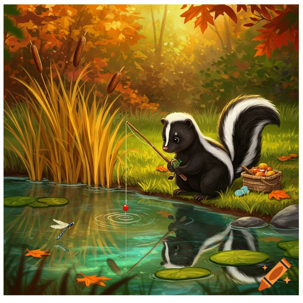 A cute cartoon skunk sits by a pond, fishing with a red bobber in an autumn forest with colorful leaves.