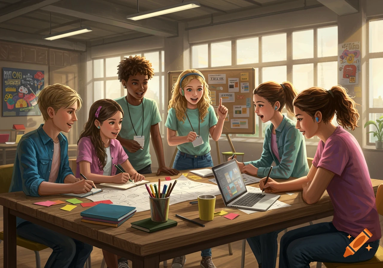An illustration of six diverse young people collaborating on a project around a table in a bright classroom. They are drawing, looking at a laptop, and discussing.