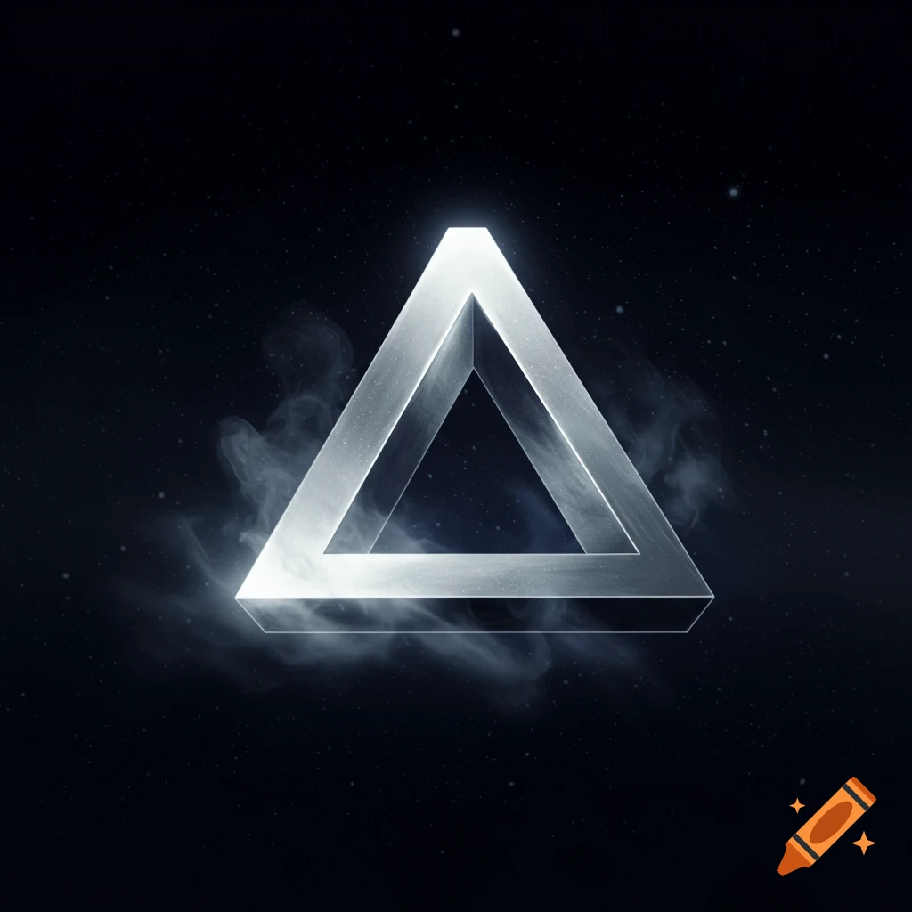 Glowing silver Penrose triangle with wisps of smoke against a dark, starry background.