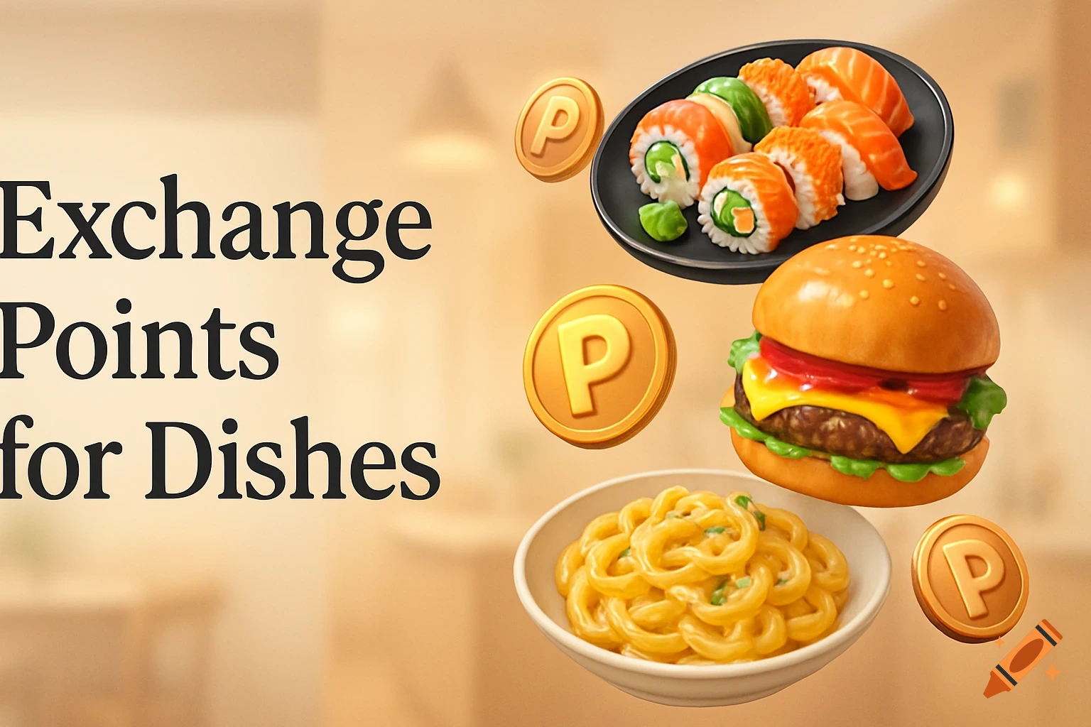 Stylized illustration of sushi, a hamburger, and pasta with gold 'P' coins, next to text 'Exchange Points for Dishes'.