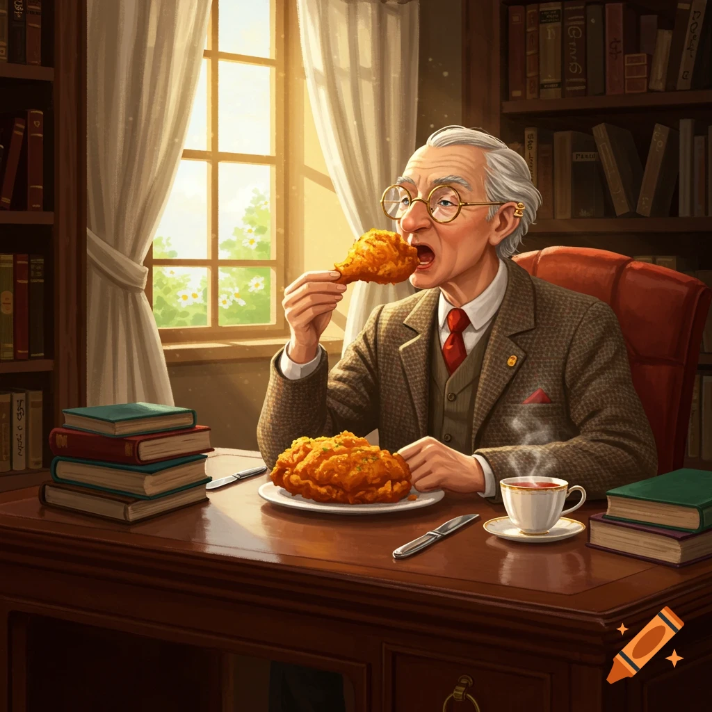 An elderly man in a suit and glasses eats fried chicken at a wooden desk in a sunlit study with bookshelves.