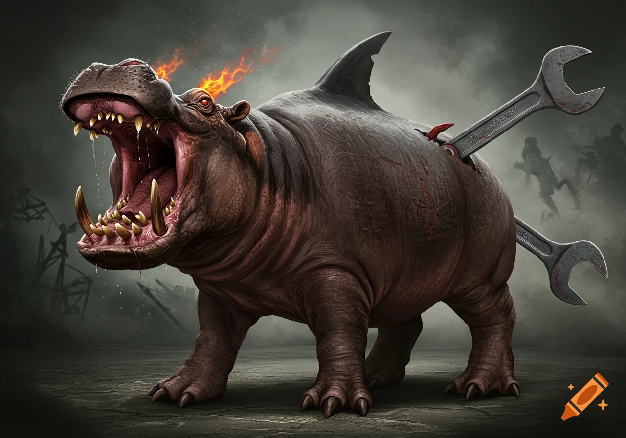 A monstrous hippo-like creature with a shark fin, fiery red eyes, sharp teeth, and wrenches impaled in its back stands in a grim, shadowy landscape.