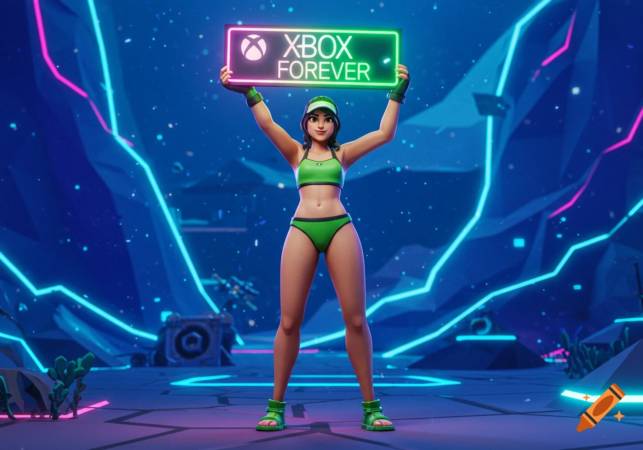 A stylized female character in a green bikini holds a glowing 'XBOX FOREVER' sign in a neon-lit futuristic arena, rendered in Fortnite style.